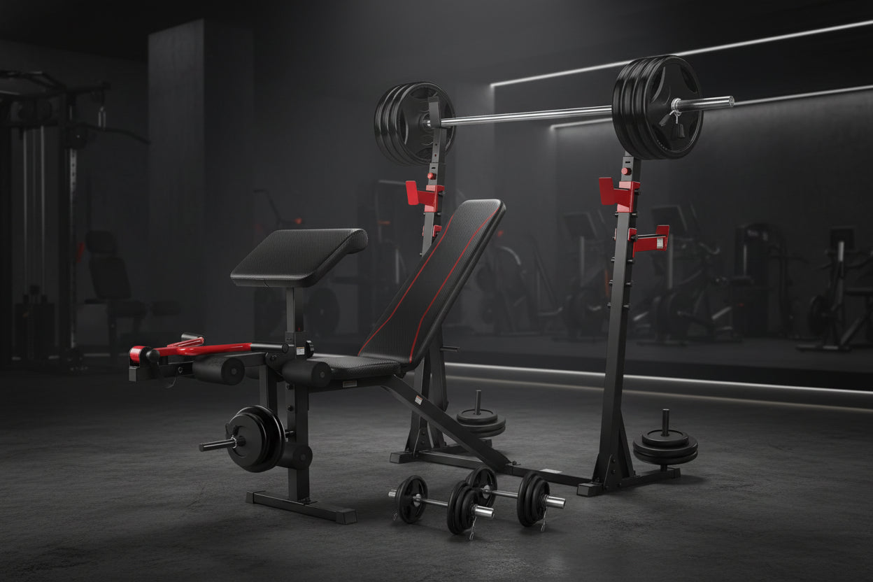 Adjustable Weight Bench 900LBS Olympic Weight Bench Set with Squat Rack, Preacher Curl, Leg Extension Full Body Exercise Workout Bench Press for Home Gym