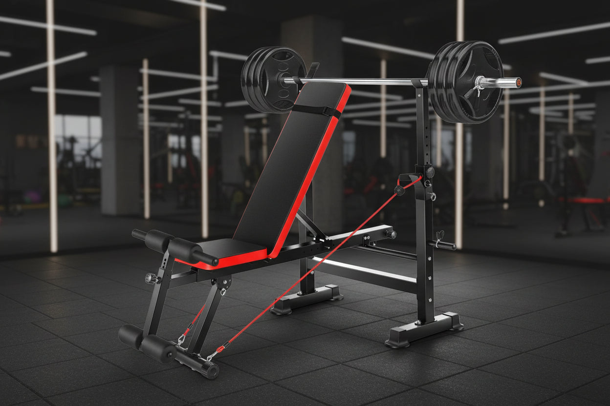 Adjustable Weight Bench Set 6 in 1 Bench Press Workout Bench with Barbell Rack Removable Foot Bracket, Pairs of Resistance Bands for Home Gym Training
