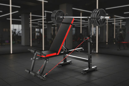 Adjustable Weight Bench Set 6 in 1 Bench Press Workout Bench with Barbell Rack Removable Foot Bracket, Pairs of Resistance Bands for Home Gym Training