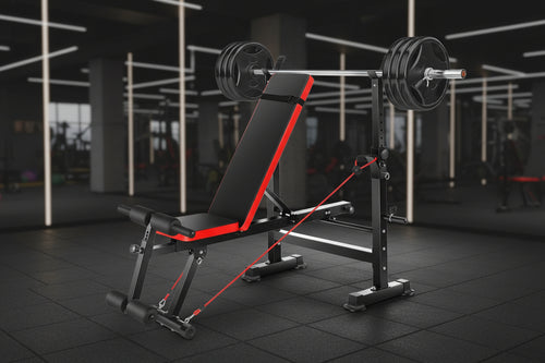 6-in-1 Bench Press Set – Barbell Rack, Resistance Bands & Leg Extension for Home Gym