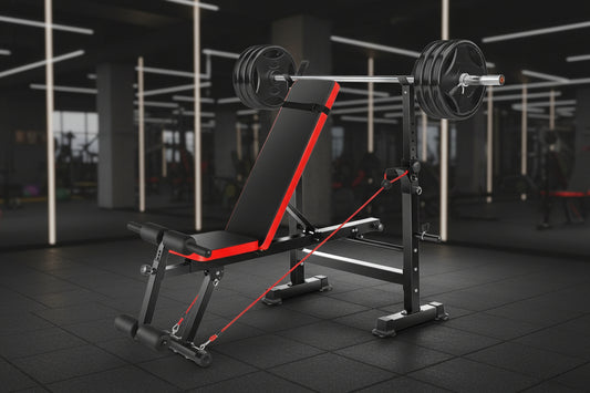 Adjustable Weight Bench Set 6 in 1 Bench Press Workout Bench with Barbell Rack Removable Foot Bracket, Pairs of Resistance Bands for Home Gym Training