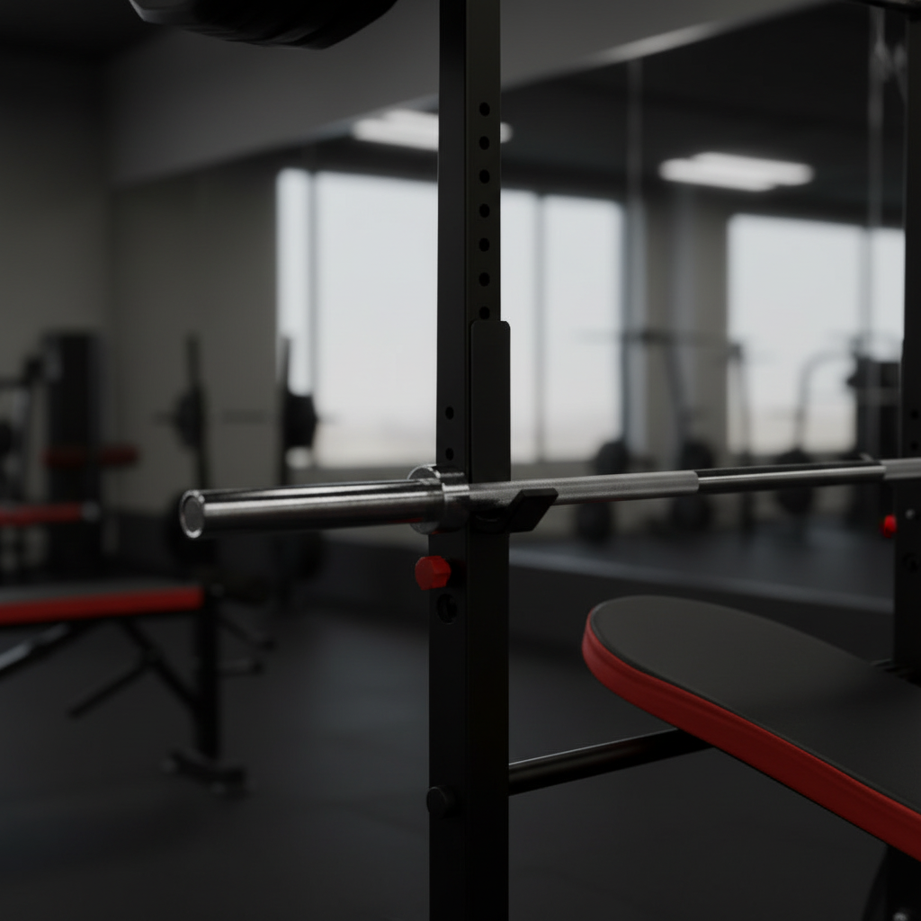 660LBS bench set close-up barbell rack and safety catches