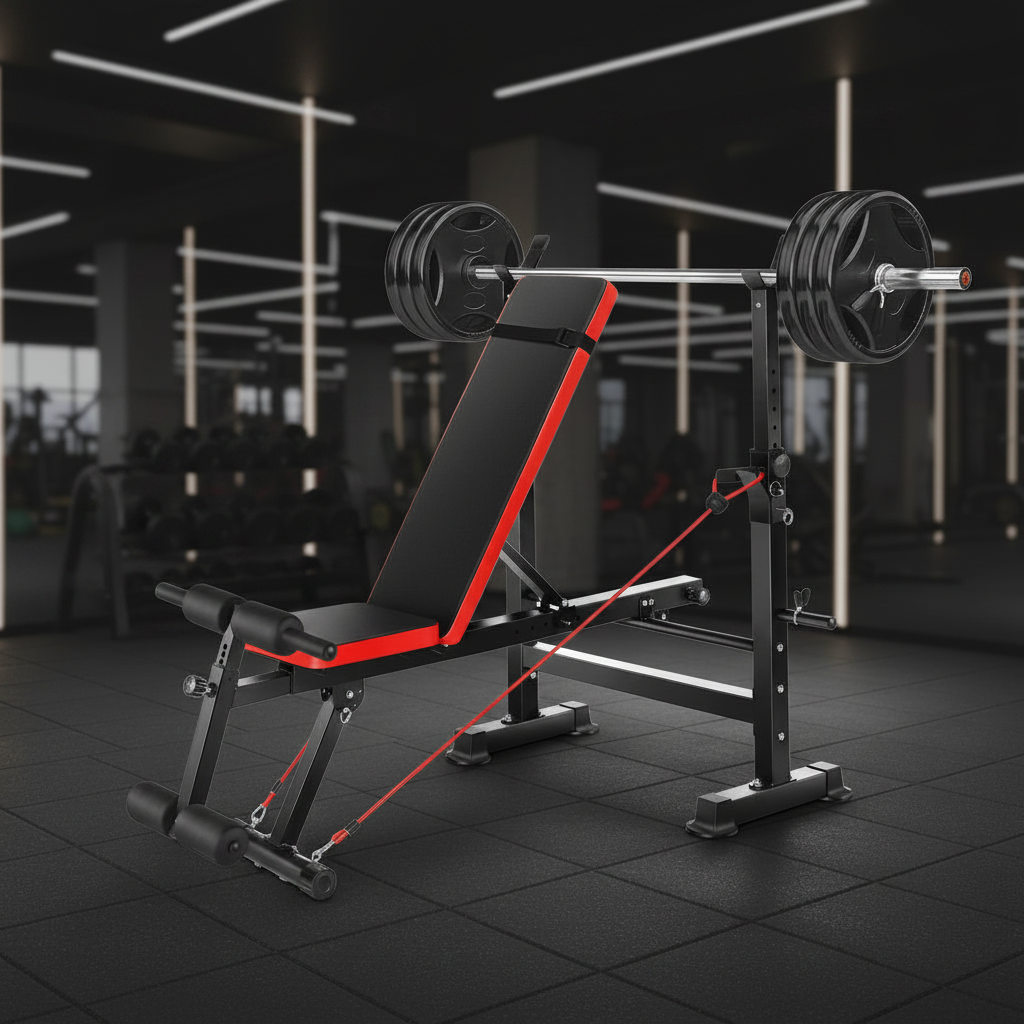 6-in-1 bench press set with barbell rack in premium gym environment