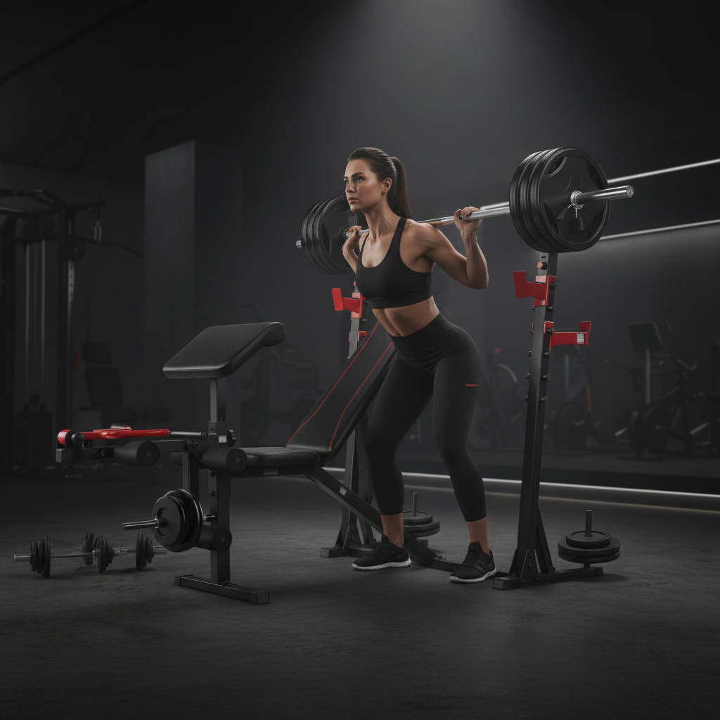 Olympic weight bench squat rack lifestyle shot in use