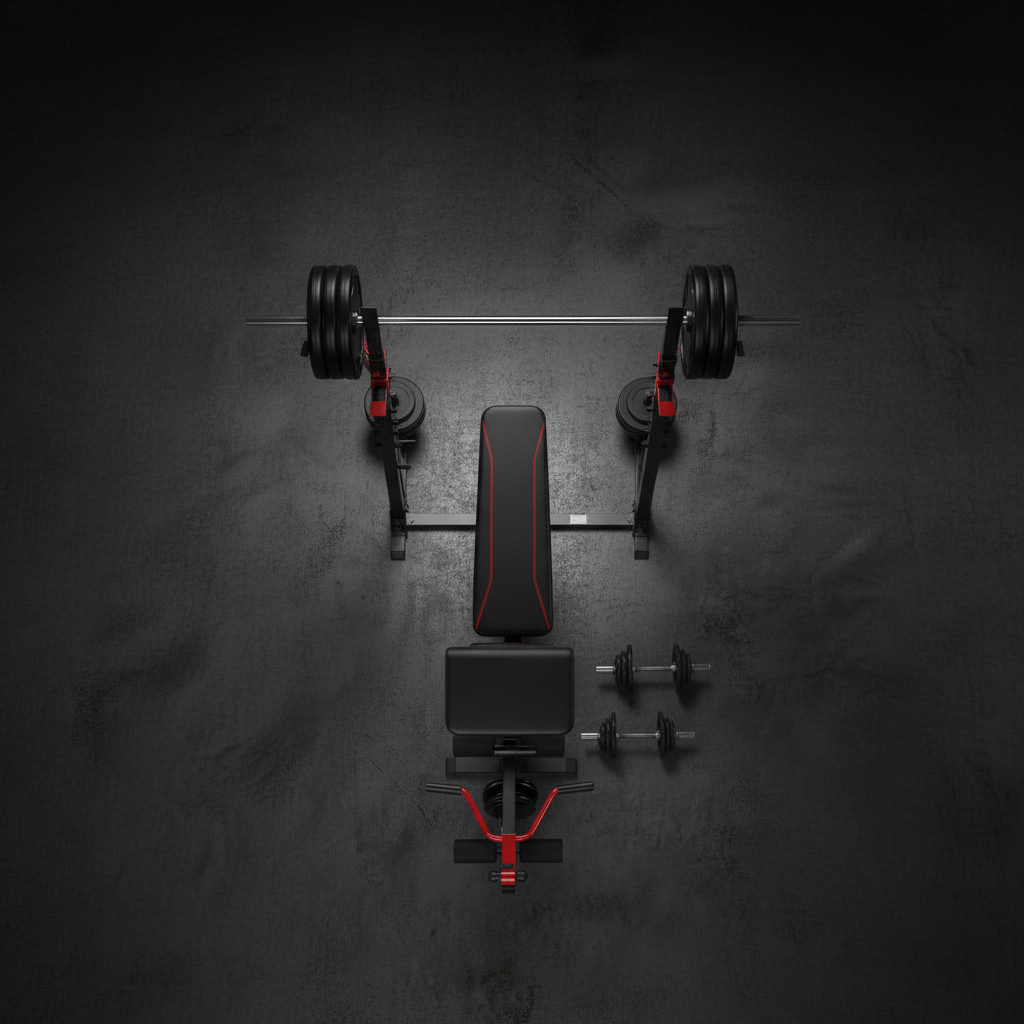 Olympic weight bench set bird's eye overhead view
