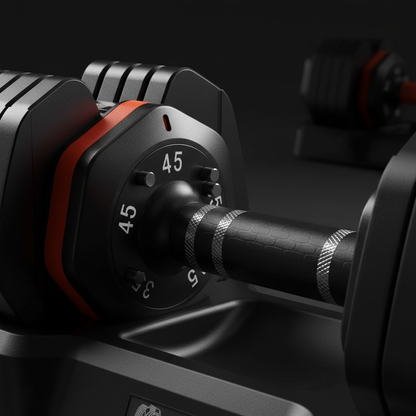 Adjustable dumbbell close-up dial and grip detail