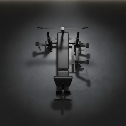 Foldable weight bench overhead folded storage view
