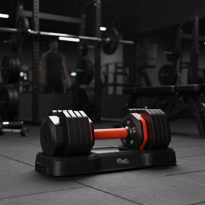 Adjustable dumbbell set in premium gym environment