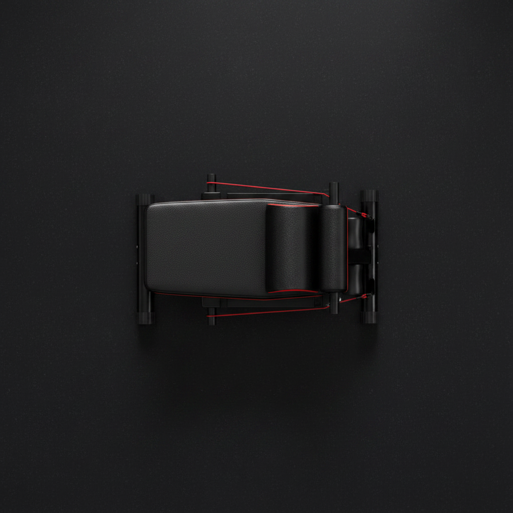 Foldable weight bench overhead folded storage view