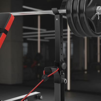 Bench press set close-up rack and resistance bands detail