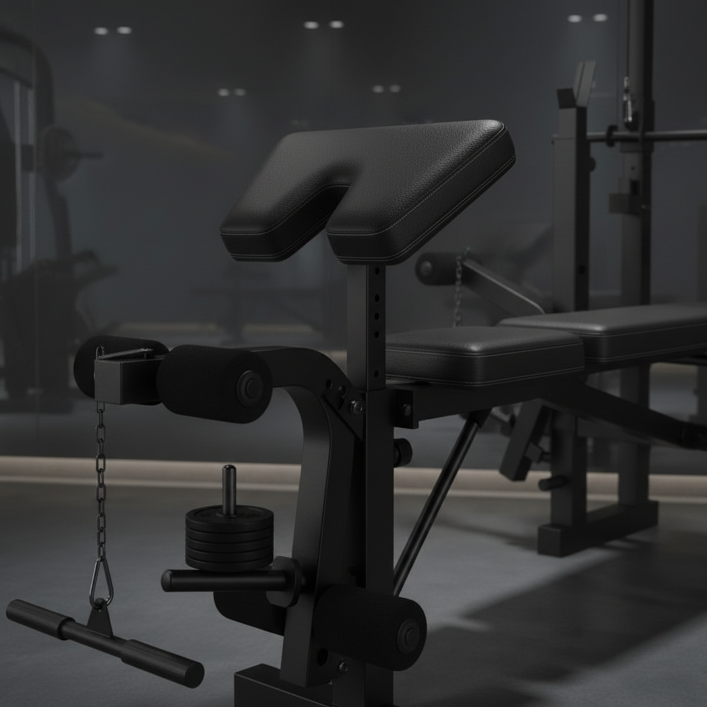 Weight bench close-up adjustment and padding detail